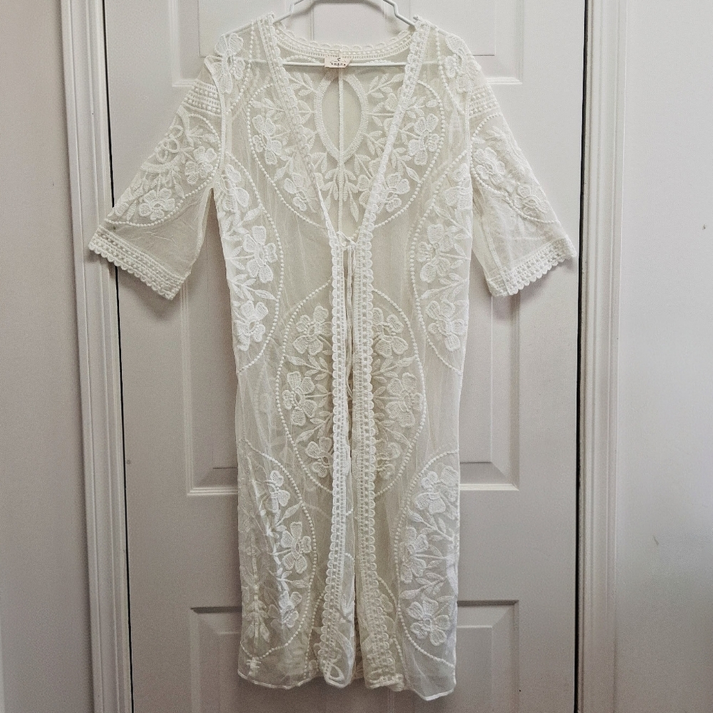 Ember Floral Embroidered Sheer Duster Kimono Cover Up Large Ivory Boho Beach